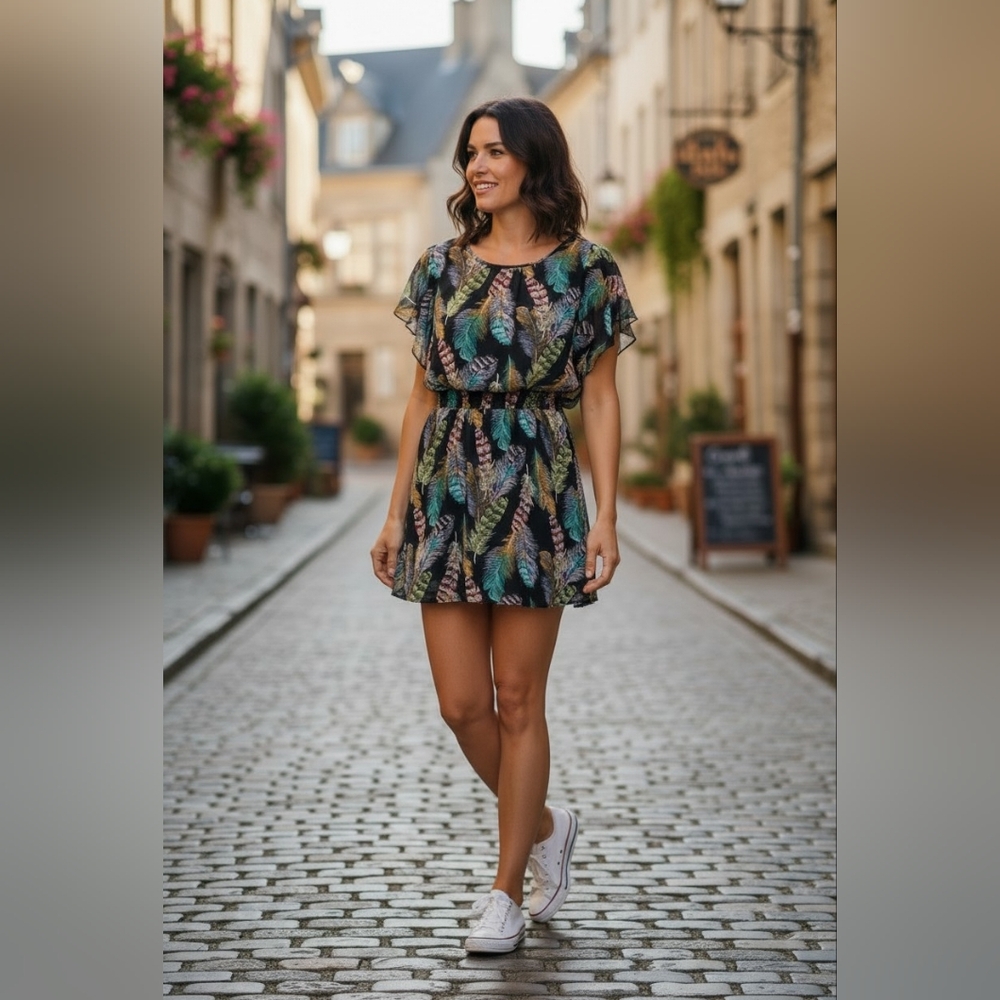 No Boundaries Multicolor Feather Pattern Mini Dress Blouse M